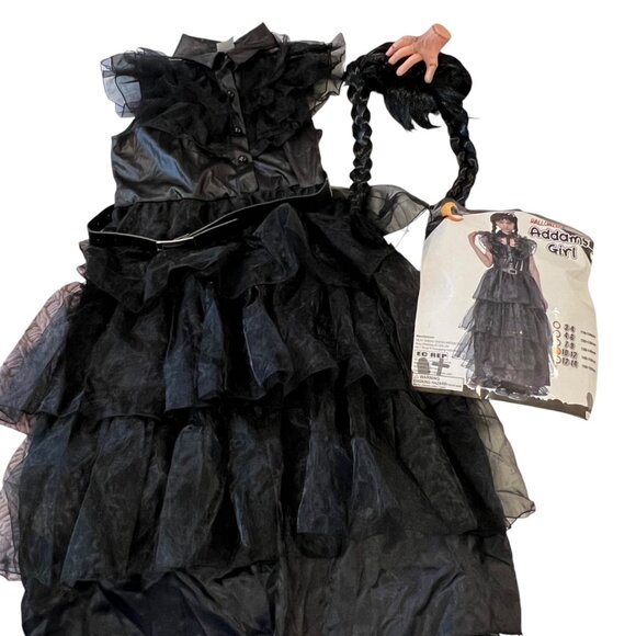 Halloween Addams Girl Costume Set With Wig & Belt For Kids 12-14 - Picture 2 of 3